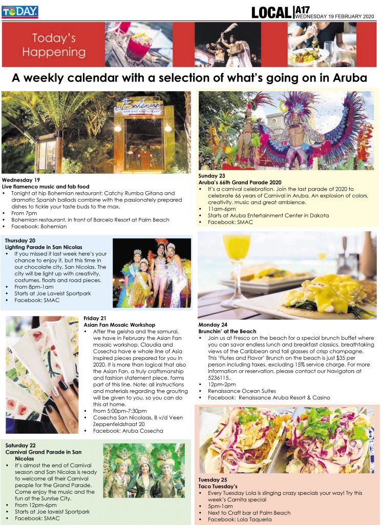 Today’s Happening A weekly calendar with a selection of what’s going