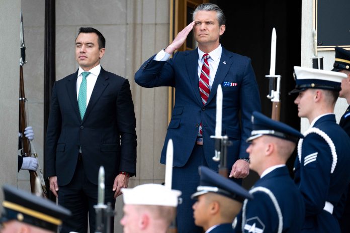 US Secretary of Defense Pete Hegseth meets with Ecuadorian President Daniel Noboa at the Pentagon