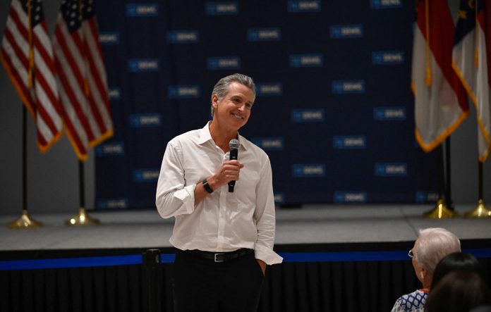 California Governor Gavin Newsom addresses Labor Day weekend rally in North Carolina